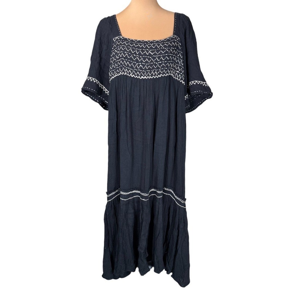 Free People I'm The One Maxi Dress Black White Embroidered Gauze Cotton Tassel L - Picture 2 of 9